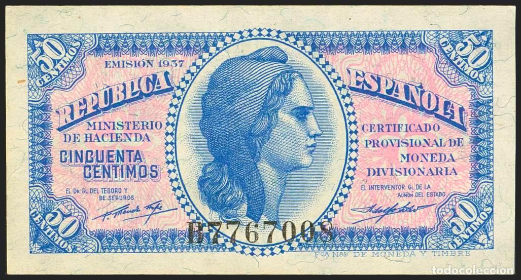 Billetes espa&ntilde;oles: 50 C&eacute;ntimos. 1937. Serie B. (Edifil 2023: 391). Apresto original, habituales puntitos del tiempo. SC