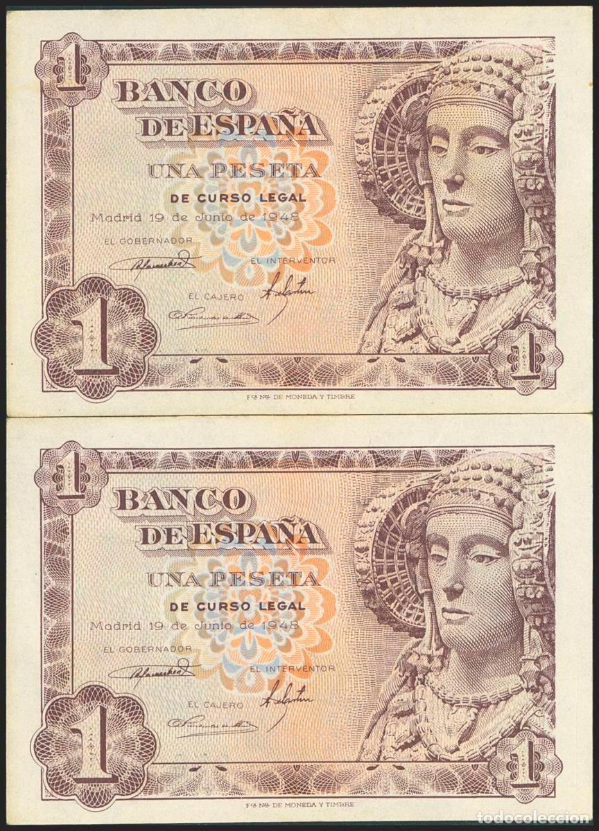 Billetes espa&ntilde;oles: 1 Peseta. 19 de Junio de 1948. Pareja correlativa. Sin serie. (Edifil 2023: 457). Apresto original.