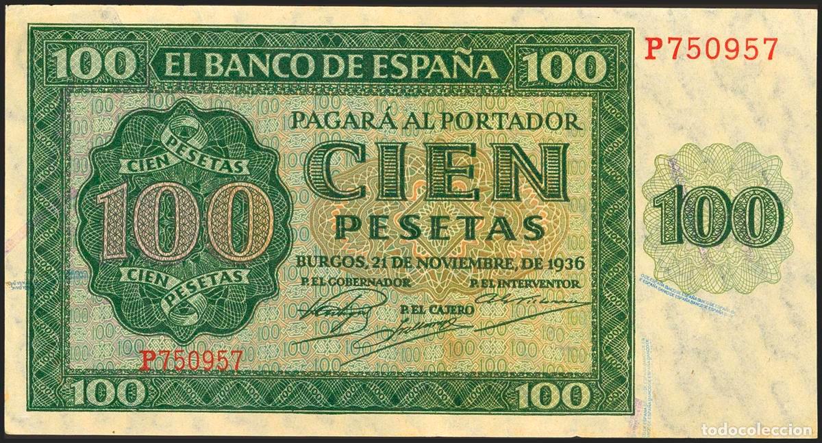Billetes espa&ntilde;oles: 100 Pesetas. 21 de Noviembre de 1936. Serie P. (Edifil 2023: 421a). Conserva gran parte de su aprest