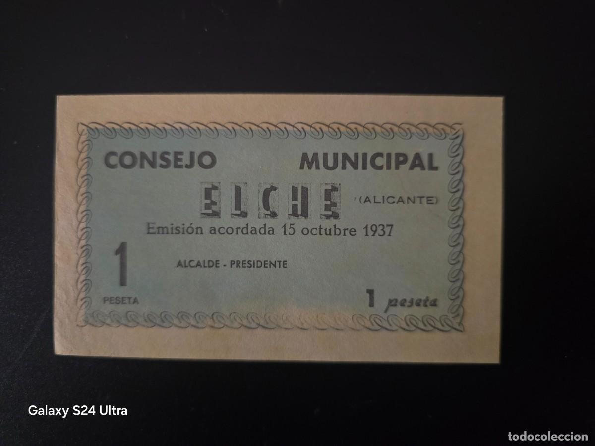 Billetes espa&ntilde;oles: 1 PESETA DE 1937....CONSEJO MUNICIPAL DE ELCHE.....PRECIOSO.... ES EL DE LAS FOTOS