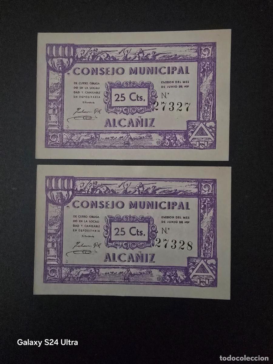 Billetes espa&ntilde;oles: PAREJA CORRELATIVA DE 25 C&Eacute;NTIMOS DE 1937......CONSEJO MUNICIPAL DE ALCA&Ntilde;IZ...SC.....EL DE LAS FOTOS