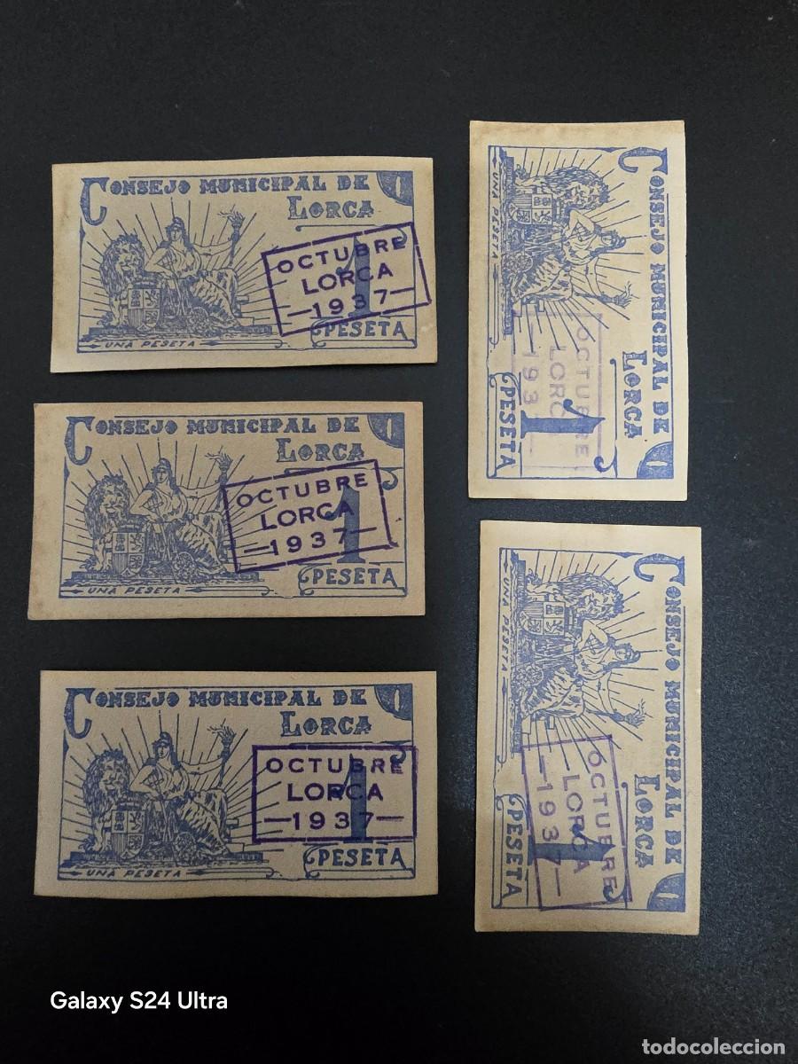 Billetes espa&ntilde;oles: LOTE DE 5 BILLETES DE 1 PESETA DE 1937......CONSEJO MUNICIPAL DE LORCA....LBS3009.. EL DE LAS FOTOS