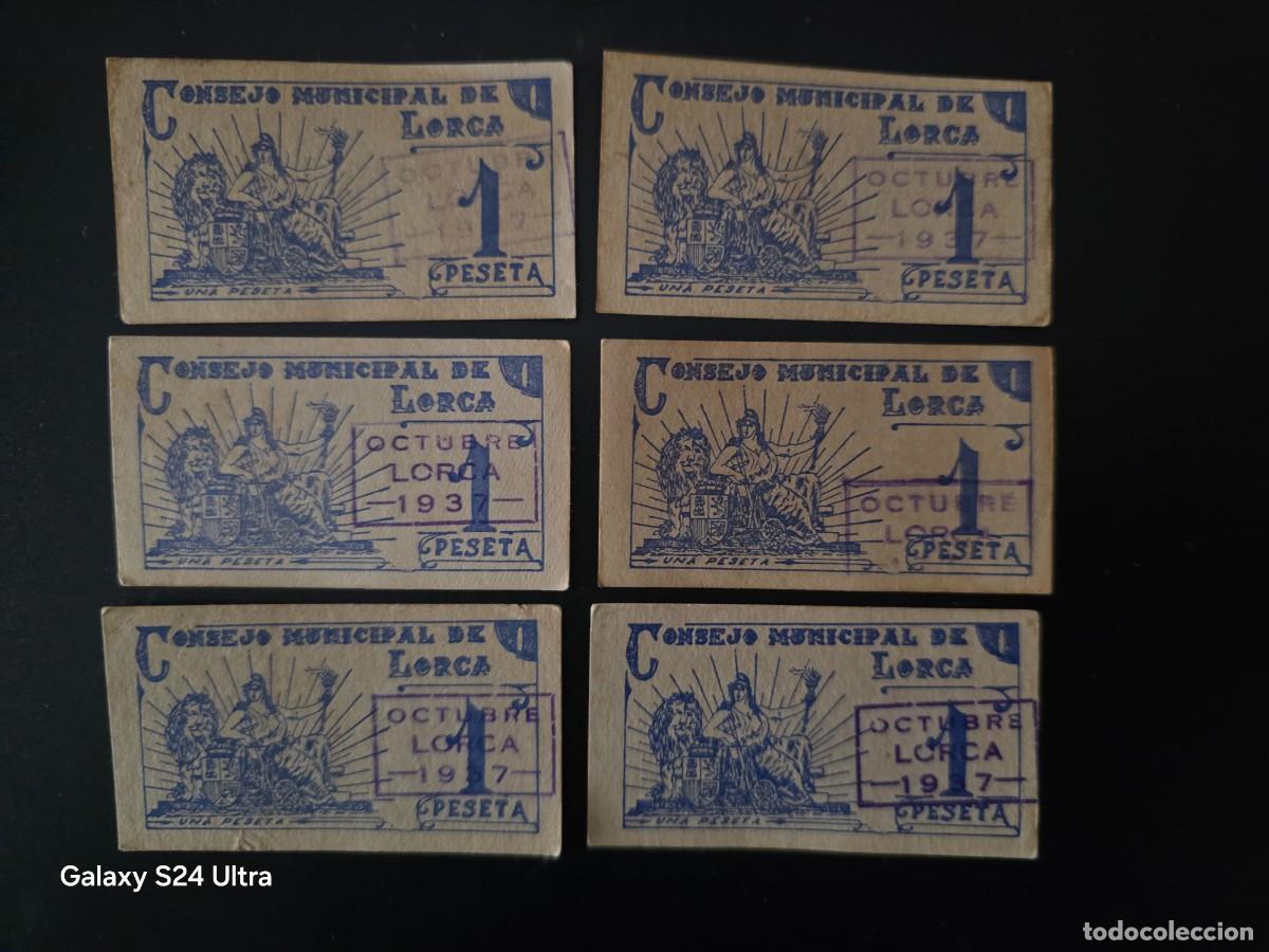 Billetes espa&ntilde;oles: LOTE DE 6 BILLETES DE 1 PESETA DE 1937......CONSEJO MUNICIPAL DE LORCA...... ES EL DE LAS FOTOS