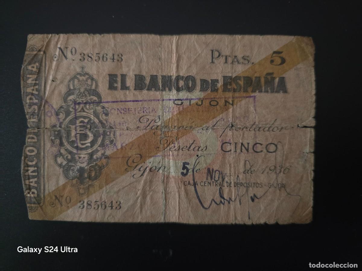 Billetes espa&ntilde;oles: 5 PESETAS DE 1936.....BANCO DE ESPA&Ntilde;A EN GIJON....MUY ESCASO Y BONITO.... ES EL DE LAS FOTOS