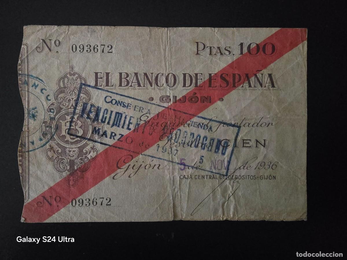 Billetes espa&ntilde;oles: 100 PESETAS DE 1936.....BANCO DE ESPA&Ntilde;A EN GIJON....MUY ESCASO Y BONITO.... ES EL DE LAS FOTOS