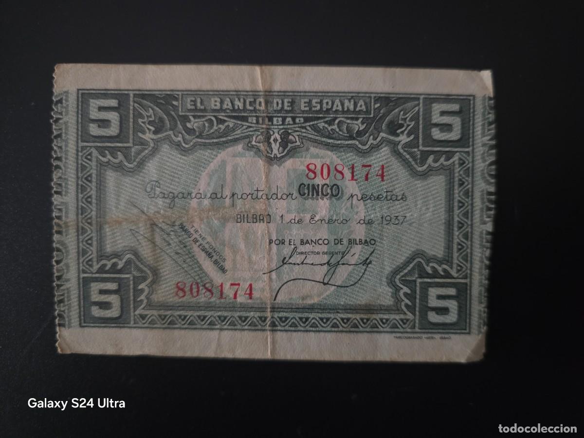 Billetes espa&ntilde;oles: 5 PESETAS DE 1937....BANCO DE ESPA&Ntilde;A EN BILBAO.....BONITO... ES EL DE LAS FOTOS
