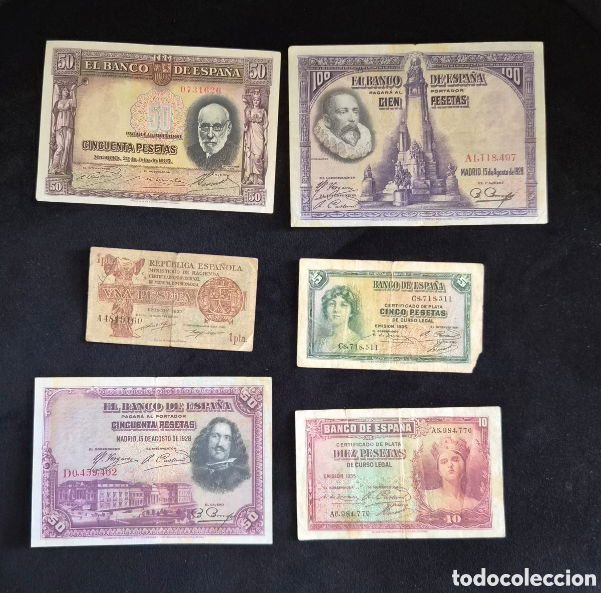 Billetes espa&ntilde;oles: lote 6 billetes espa&ntilde;a 1928-1937 &ndash; II Rep&uacute;blica