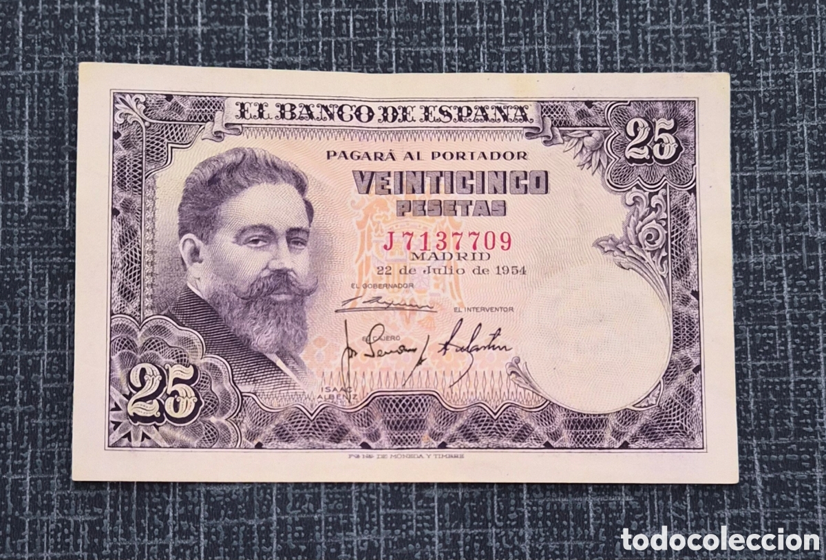 Billetes espa&ntilde;oles: 25 pesetas 1954 Isaac Alb&eacute;niz &ndash; serie J &ndash; Banco de Espa&ntilde;a &ndash; Alhambra Granada