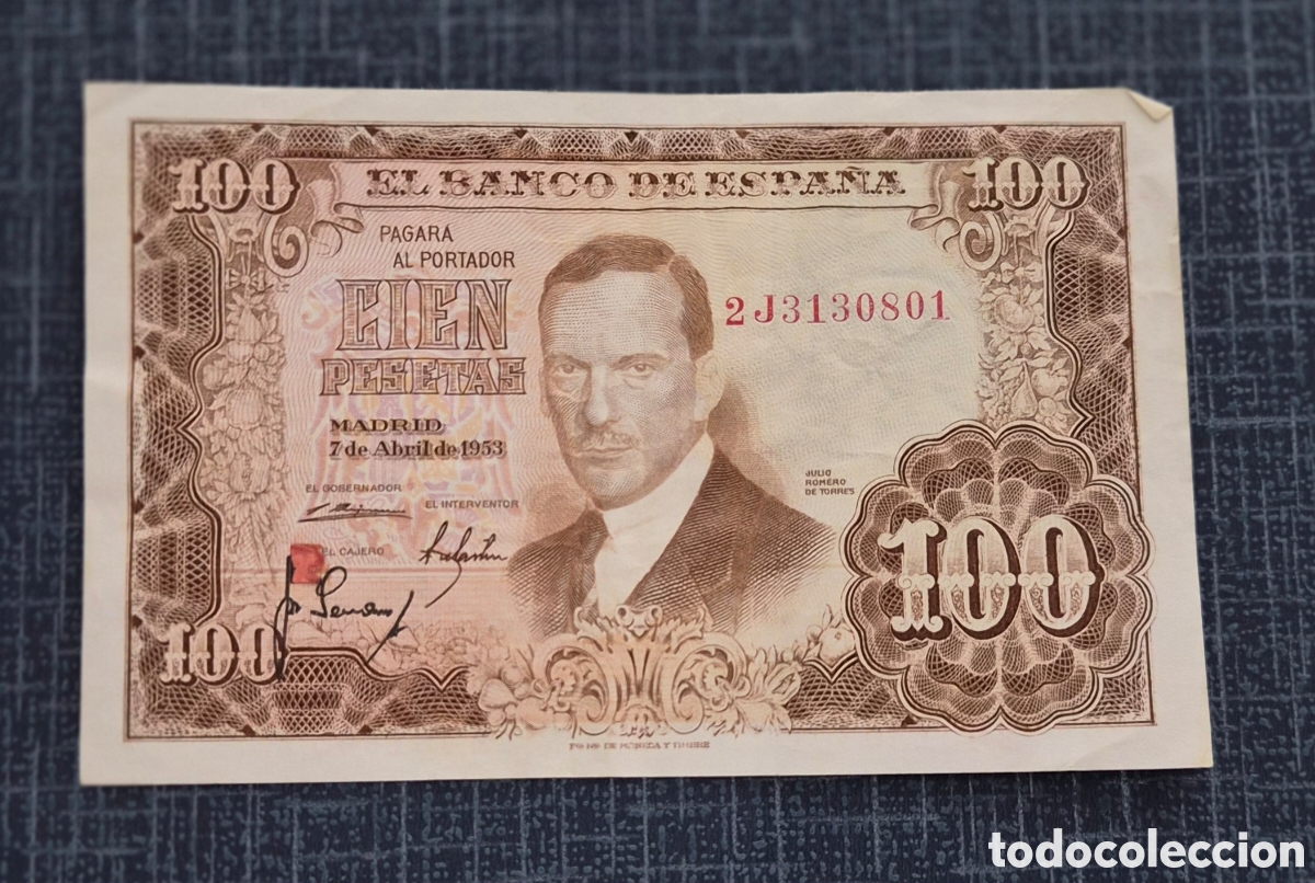 Billetes espa&ntilde;oles: 100 Pesetas 1953 Julio Romero de Torres &ndash; Serie 2J &ndash; La Fuensanta &ndash; Banco de Espa&ntilde;a