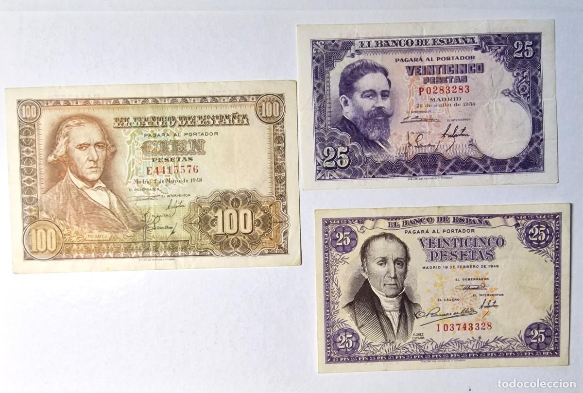 Billetes espa&ntilde;oles: LOTE 3 BILLETES DIVERSOS ALBENIZ S/P |SOLO ACEPTO PAYPAL| BILLETE 25 100 PESETAS 1946 1948 1954 LEER