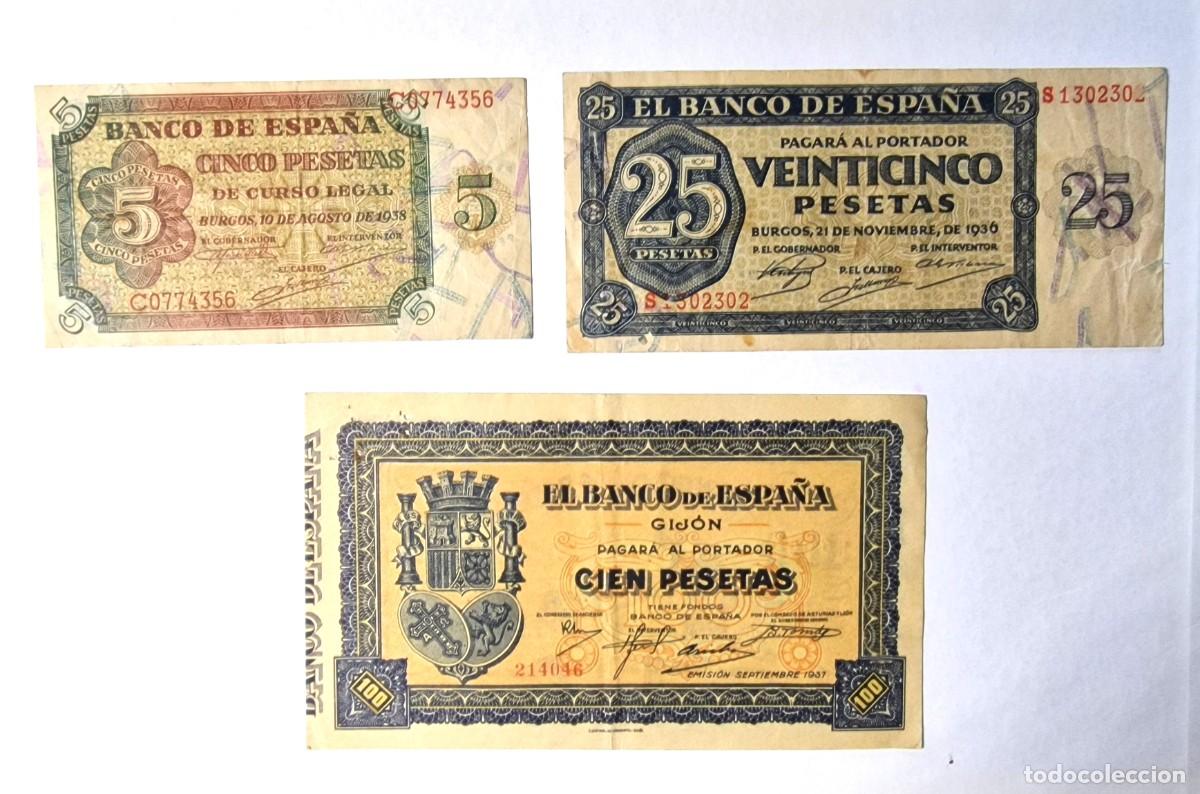 Billetes espa&ntilde;oles: LOTE 3 BILLETES RAROS ** DIVERSOS|SOLO ACEPTO PAYPAL| BILLETE 5 25 100 PESETAS 1936 1937 1938 LEER