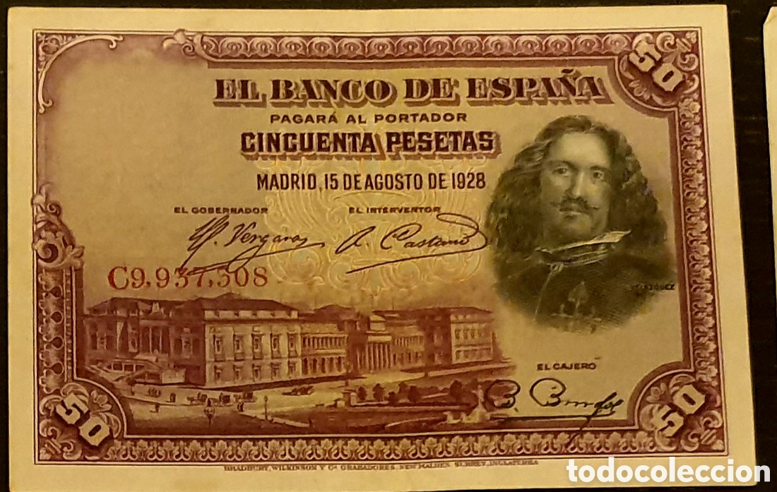 Billetes espa&ntilde;oles: BILLETE 50 PTS 1928, serie C VELAZQUEZ. MBC