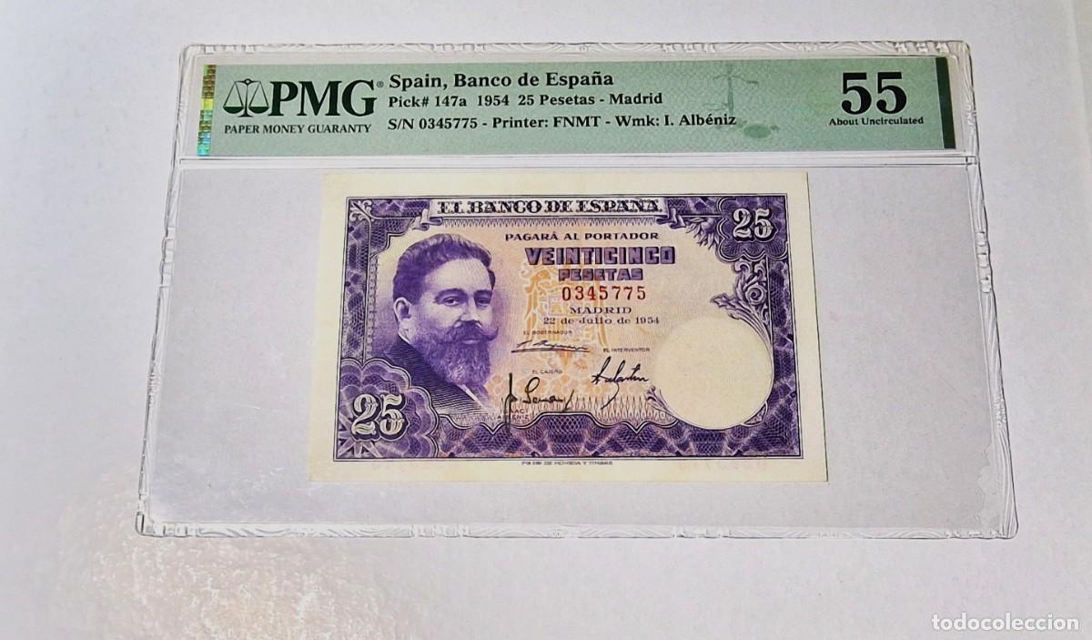 Billetes espa&ntilde;oles: SIN SERIE *ESTADO ESPA&Ntilde;OL ALBENIZ PMG 55 |SOLO ACEPTO PAYPAL| BILLETE 25 PESETAS 1954 LEER DESCRIPCI