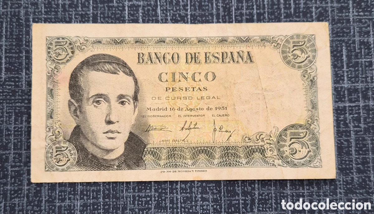 Billetes espa&ntilde;oles: 5 Pesetas 1951 Jaime Balmes &ndash; Serie P &ndash; Banco de Espa&ntilde;a &ndash; Pick 140a