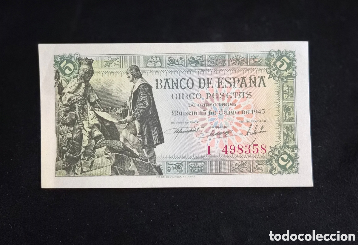 Billetes espa&ntilde;oles: 5 Pesetas 1945 Isabel la Cat&oacute;lica y Col&oacute;n &ndash; Serie I &ndash; Banco de Espa&ntilde;a &ndash; Pick 129a