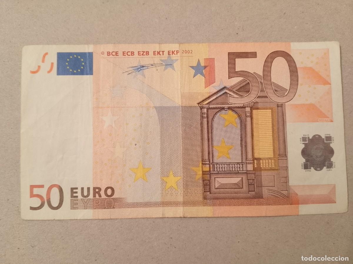 Billetes espa&ntilde;oles: 50 euros 1 firma Duisenberg, dise&ntilde;o 2002, plancha M004A, letra V de Espa&ntilde;a