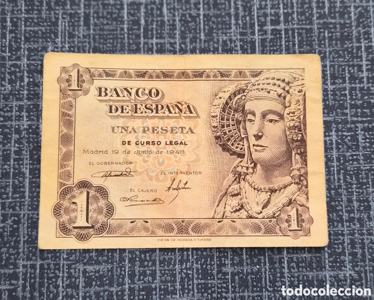 Billetes espa&ntilde;oles: 1 Peseta 1948 Dama de Elche &ndash; Serie M &ndash; Banco de Espa&ntilde;a &ndash; Pick 135a