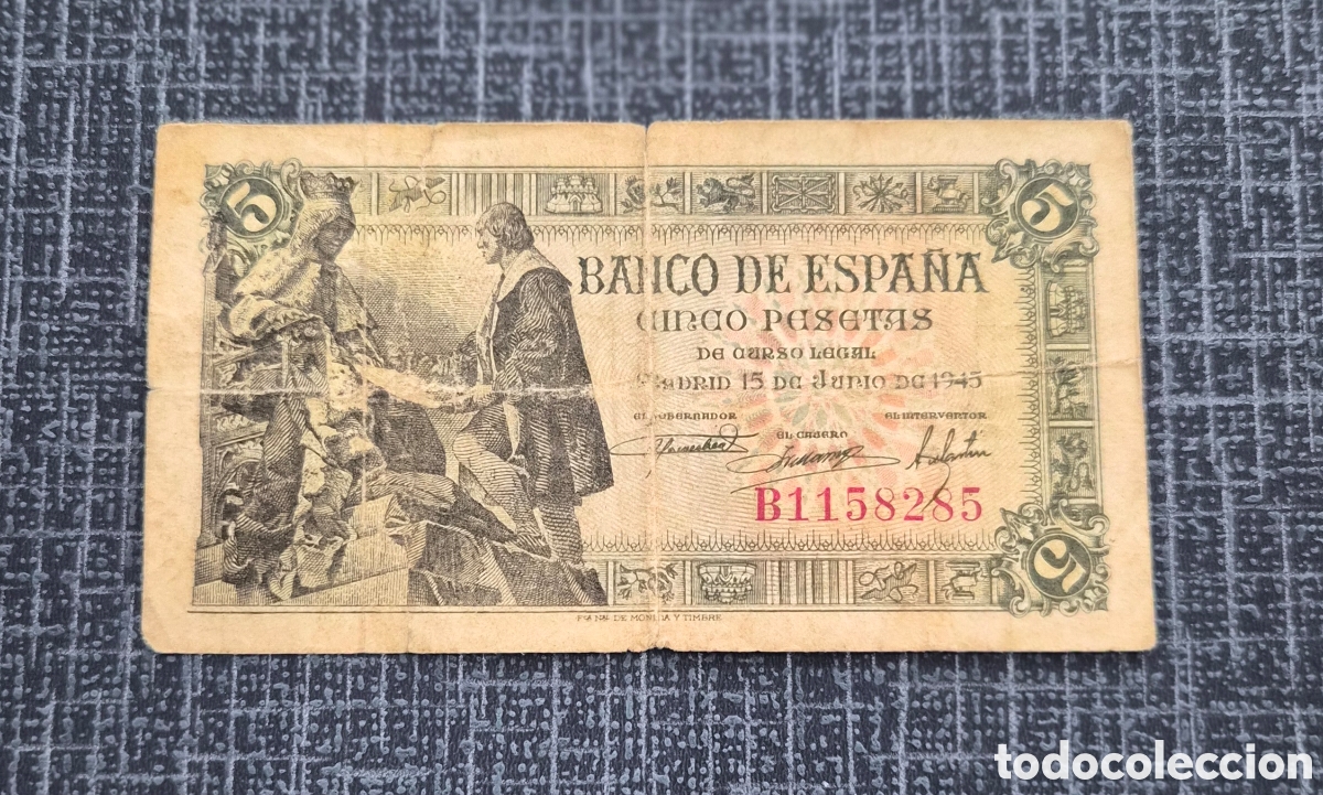 Billetes espa&ntilde;oles: 5 Pesetas 1945 Isabel la Cat&oacute;lica y Crist&oacute;bal Col&oacute;n &ndash; Serie B &ndash; Banco de Espa&ntilde;a &ndash; Pick 129a