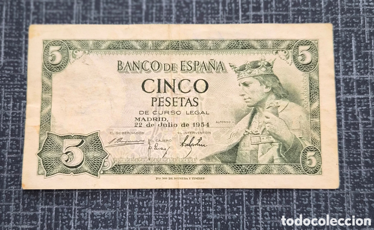 Billetes espa&ntilde;oles: 5 Pesetas 1954 Alfonso X el Sabio &ndash; Serie R &ndash; Banco de Espa&ntilde;a &ndash; Pick 146a