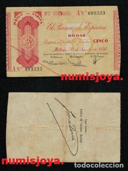 Billetes espa&ntilde;oles: Banco Bilbao 5 Pesetas 1936 CAJA DE AHORROS. Serie A 493333. ACEPTABLE BILLETE SIN ROTURAS.