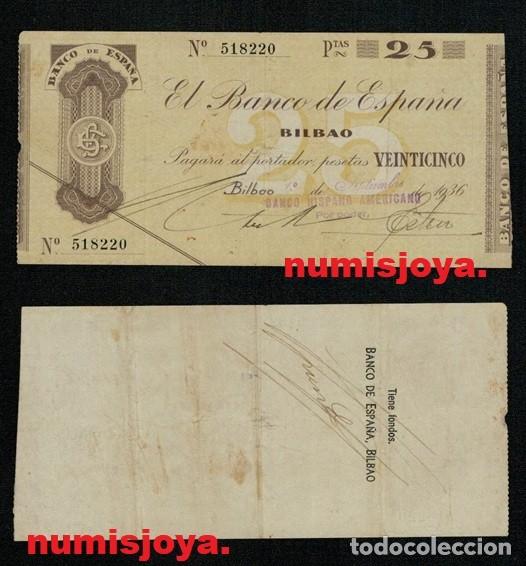 Billetes espa&ntilde;oles: Banco Bilbao 25 Pesetas 1936 BANCO HISPANO AMERICANO 518220. ACEPTABLE CON TESTURA SIN ROTURAS.