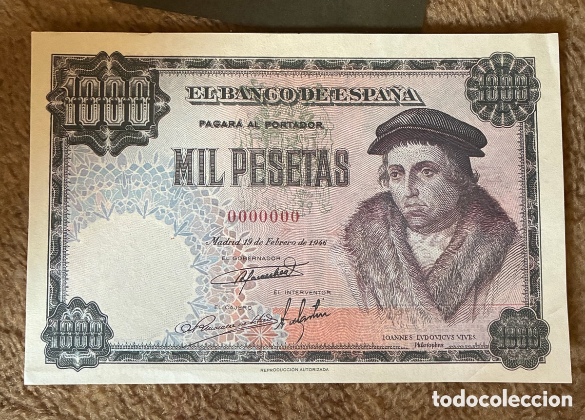 Billetes espa&ntilde;oles: Billete de 1000 pesetas Juan Luis Vives 1946 , serie especial 0000000