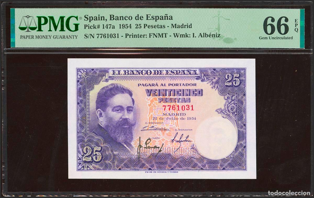 Spanish Banknotes: 25 Pesetas. 22 de Julio de 1954. Sin serie. (Edifil 2023: 467, Pick: 147a). Rar&iacute;simo en esta excepci