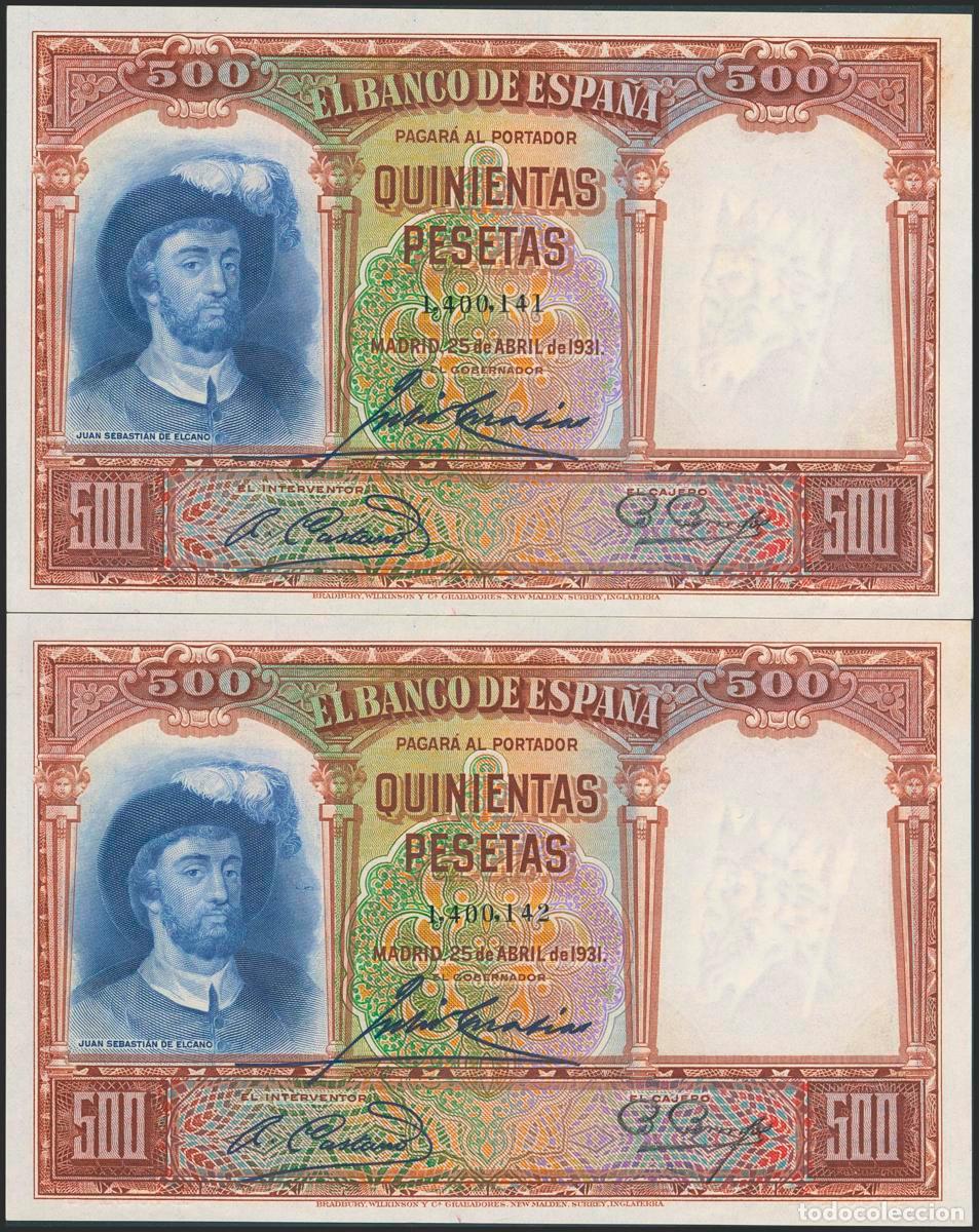 Banconote spagnole: 500 Pesetas. 25 de Abril de 1931. Pareja correlativa. Sin serie. (Edifil 2023: 361). Apresto origina