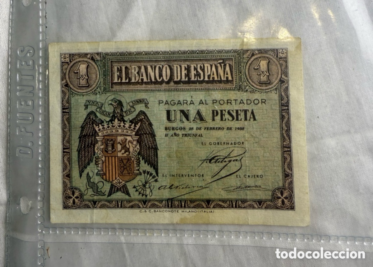 Billetes espa&ntilde;oles: Billete 1 Peseta Banco de Espa&ntilde;a &ndash; Burgos 28 Febrero 1938 &ndash; Serie G Rara
