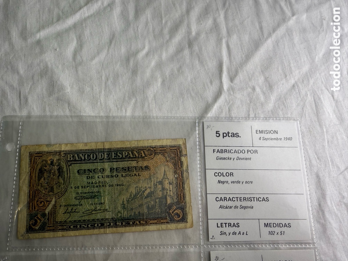 Billetes espa&ntilde;oles: Espa&ntilde;a 5 Pesetas 1940 &ndash; Alc&aacute;zar de Segovia &ndash; Serie H &ndash; Banco de Espa&ntilde;a