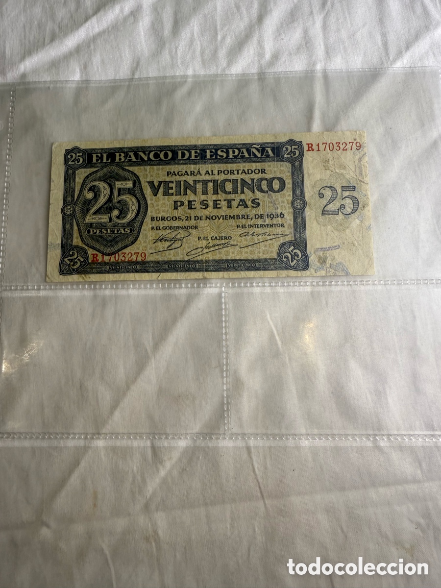 Billetes espa&ntilde;oles: Espa&ntilde;a 25 Pesetas 1936 Burgos &ndash; Serie R &ndash; Guerra Civil &ndash; Banco de Espa&ntilde;a