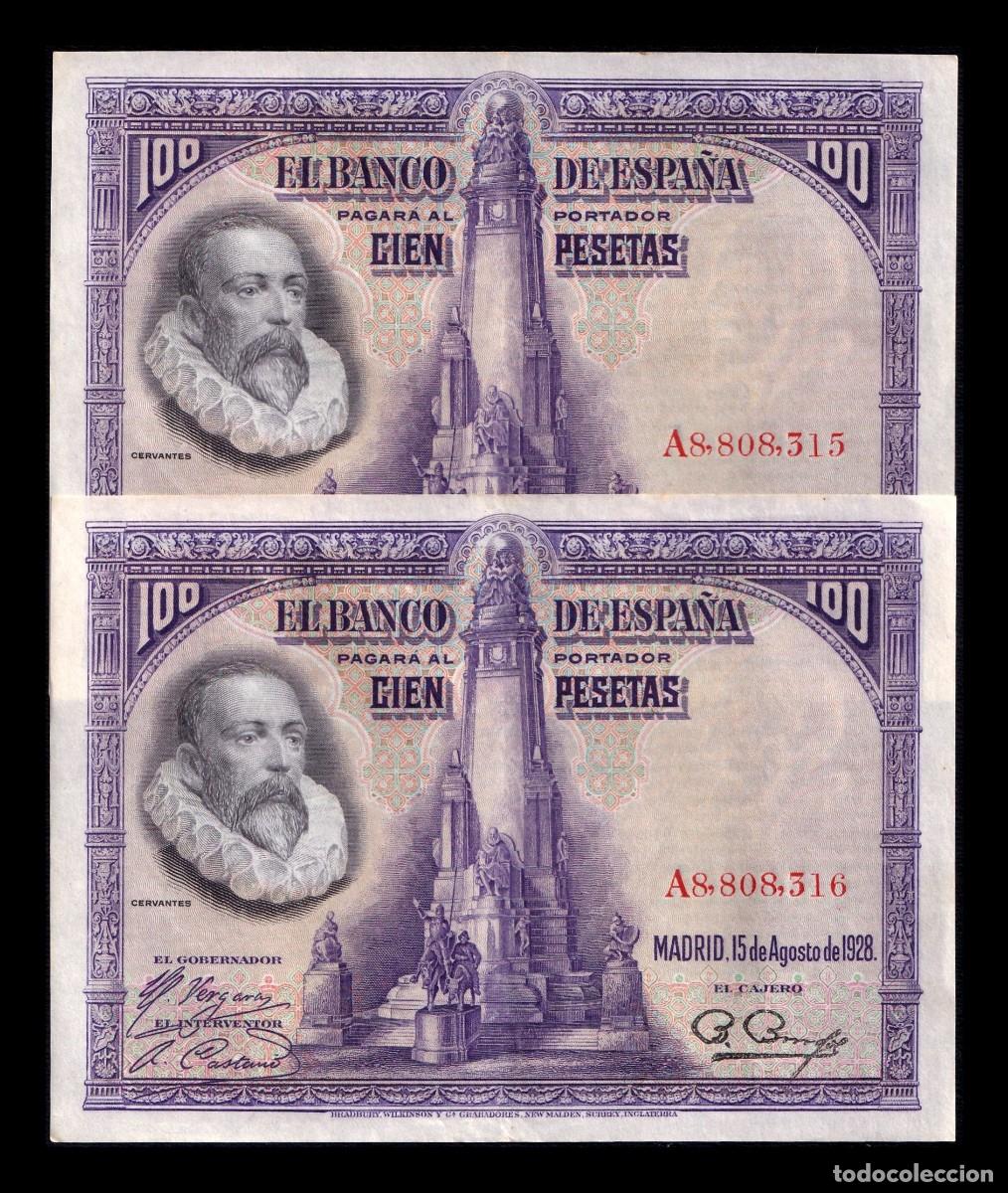 Billetes espa&ntilde;oles: Espa&ntilde;a Pareja Correlativa 100 Pesetas Cervantes 1928 Pick 76 Serie A Ebc Xf