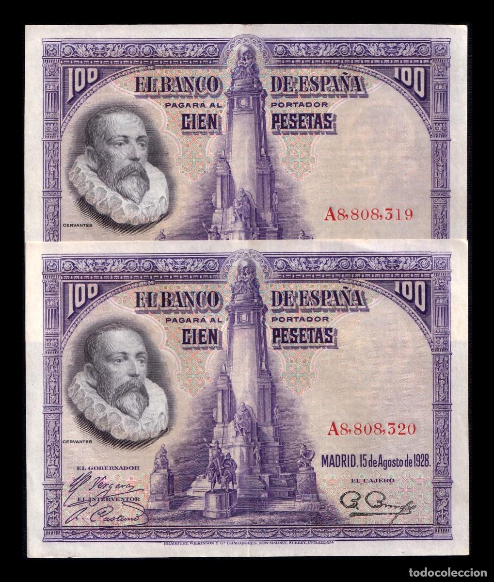 Billetes espa&ntilde;oles: Espa&ntilde;a Pareja Correlativa 100 Pesetas Cervantes 1928 Pick 76 Serie A Ebc Xf