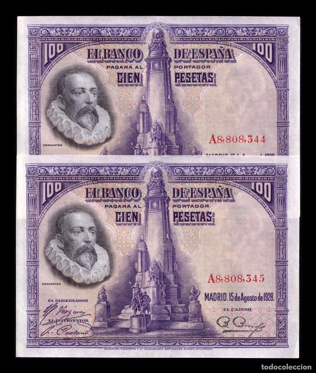 Billetes espa&ntilde;oles: Espa&ntilde;a Pareja Correlativa 100 Pesetas Cervantes 1928 Pick 76 Serie A Ebc Xf