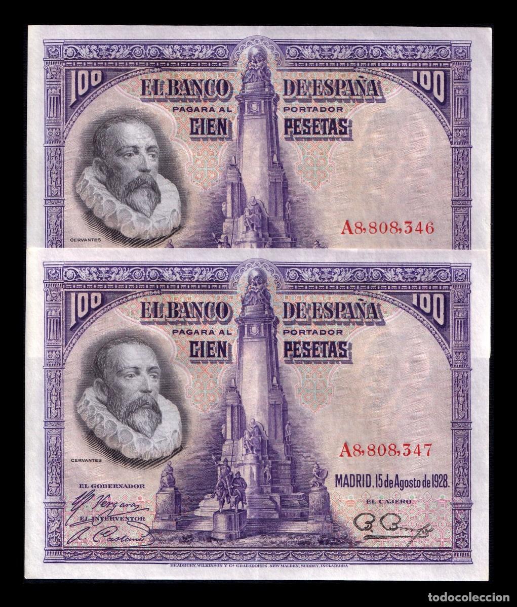 Billetes espa&ntilde;oles: Espa&ntilde;a Pareja Correlativa 100 Pesetas Cervantes 1928 Pick 76 Serie A Ebc Xf