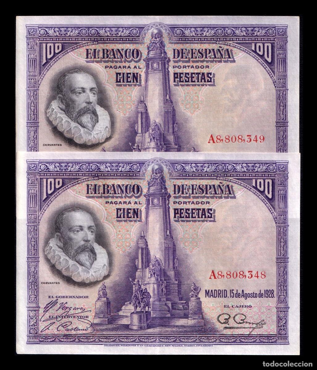 Billetes espa&ntilde;oles: Espa&ntilde;a Pareja Correlativa 100 Pesetas Cervantes 1928 Pick 76 Serie A Ebc Xf