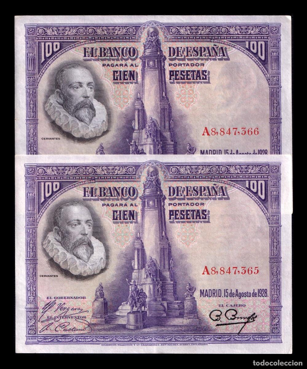 Billetes espa&ntilde;oles: Espa&ntilde;a Pareja Correlativa 100 Pesetas Cervantes 1928 Pick 76 Serie A Ebc Xf