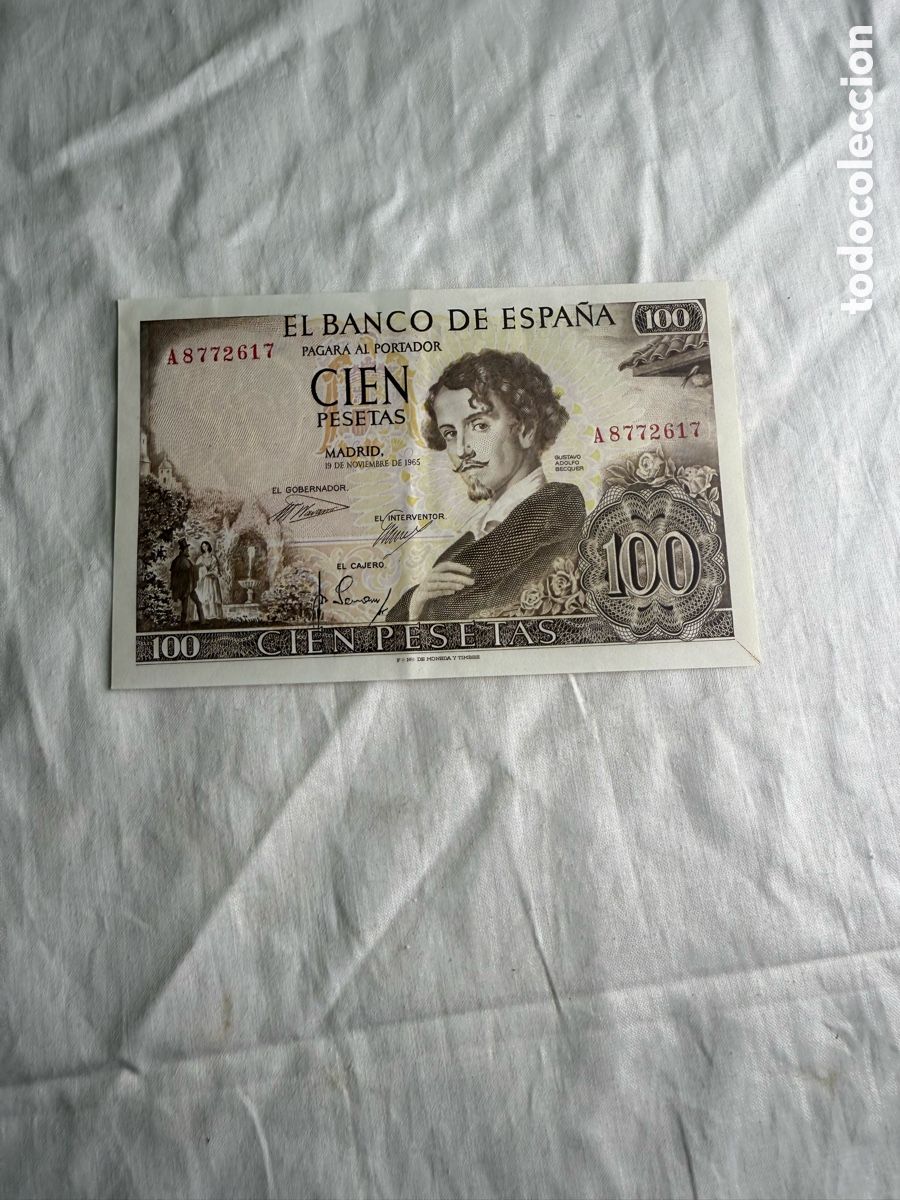 Billetes espa&ntilde;oles: 100 PESETAS BANCO DE ESPA&Ntilde;A 1965 &ndash; B&Eacute;CQUER &ndash; SERIE A &ndash; PLANCHA