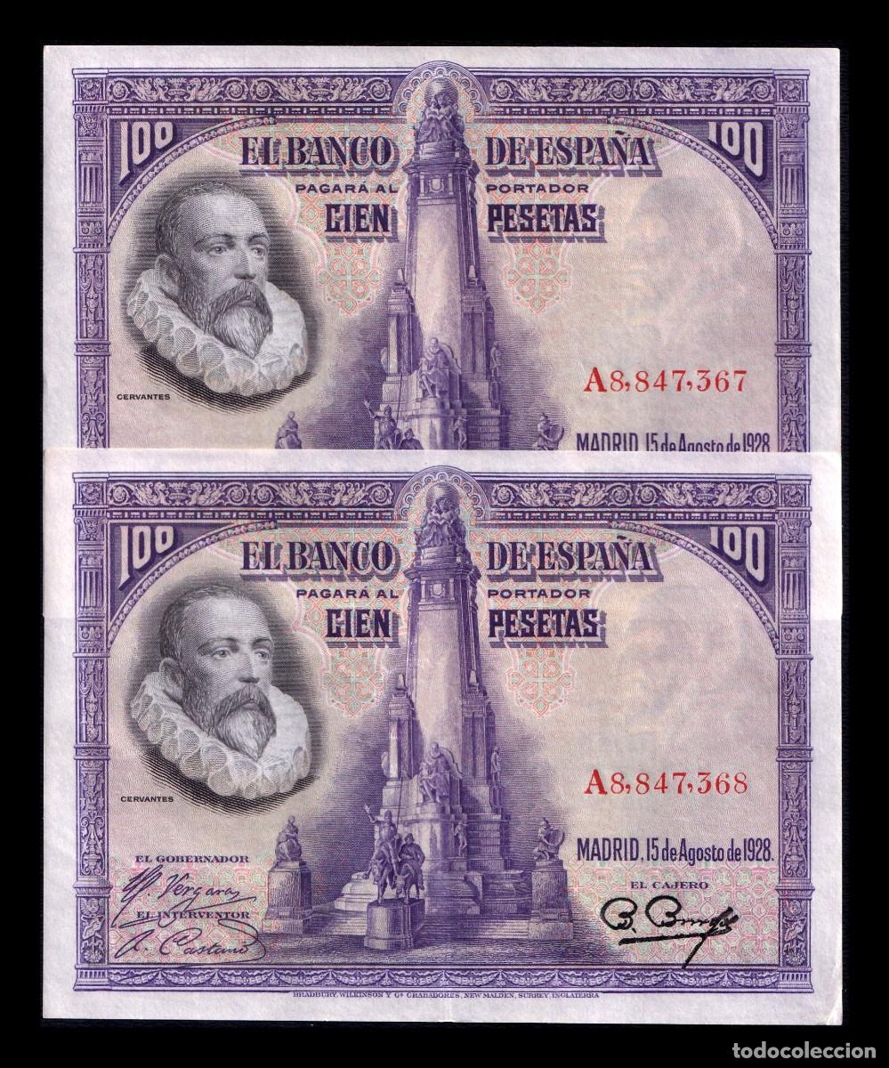 Billetes espa&ntilde;oles: Espa&ntilde;a Pareja Correlativa 100 Pesetas Cervantes 1928 Pick 76 Serie A Ebc Xf