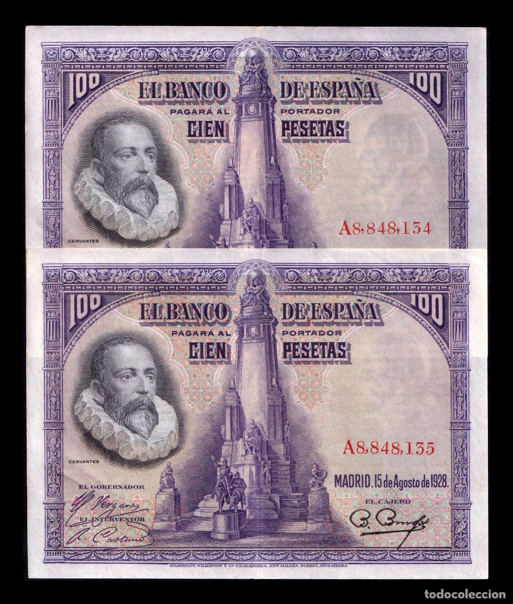 Billetes espa&ntilde;oles: Espa&ntilde;a Pareja Correlativa 100 Pesetas Cervantes 1928 Pick 76 Serie A Ebc Xf