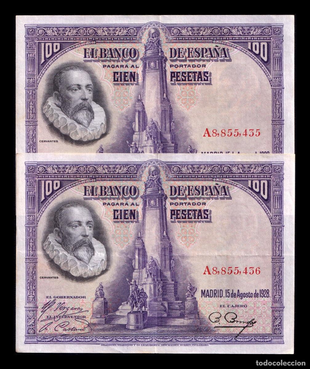 Billetes espa&ntilde;oles: Espa&ntilde;a Pareja Correlativa 100 Pesetas Cervantes 1928 Pick 76 Serie A Ebc Xf