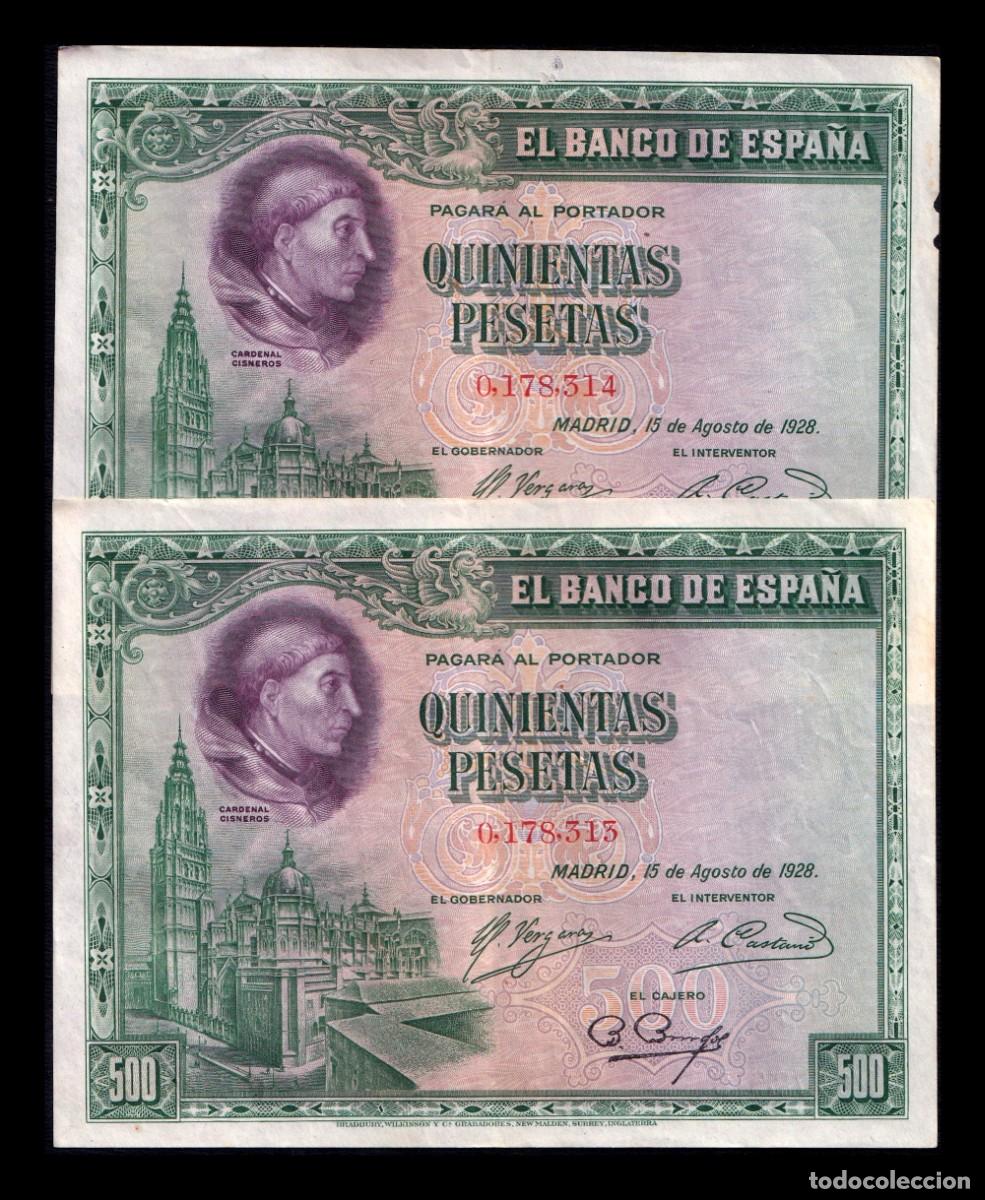 Billetes espa&ntilde;oles: Espa&ntilde;a Pareja Correlativa 500 Pesetas Cardenal Cisneros 1928 Pick 77 Mbc Vf