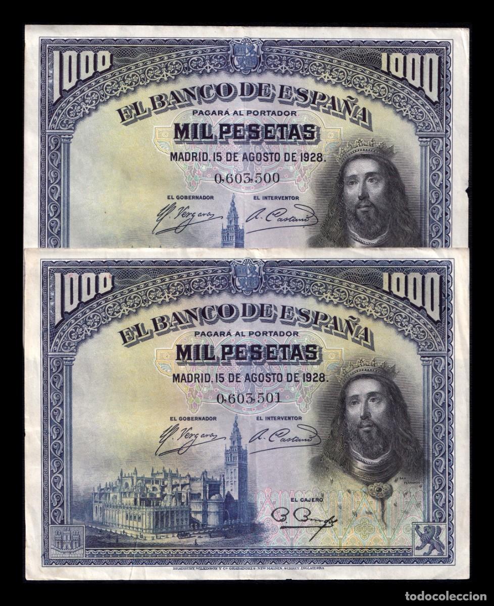 Billetes espa&ntilde;oles: Espa&ntilde;a Pareja Correlativa 1000 Pesetas Cardenal Cisneros 1928 Pick 78 Mbc+ Vf+