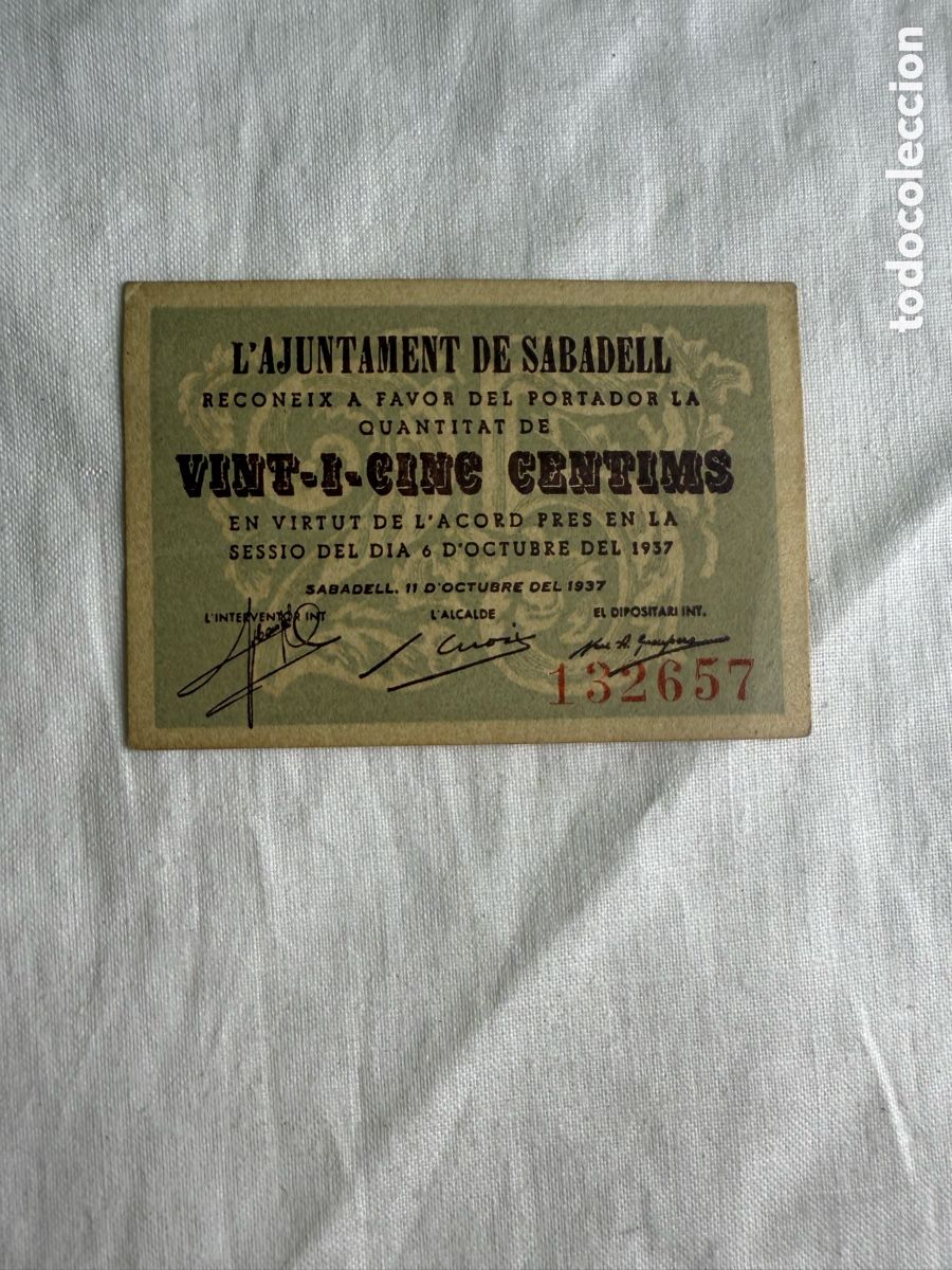 Billetes espa&ntilde;oles: 25 C&Eacute;NTIMOS AJUNTAMENT DE SABADELL 1937 &ndash; GUERRA CIVIL &ndash; Turr&oacute; 2234