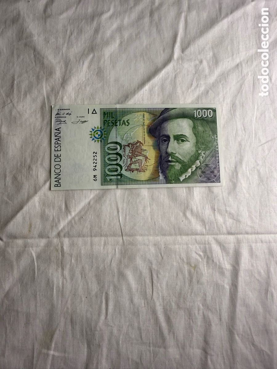 Billetes espa&ntilde;oles: Billete 1.000 Pesetas Espa&ntilde;a 1992 &ndash; Hern&aacute;n Cort&eacute;s y Francisco Pizarro &ndash; Serie 6M