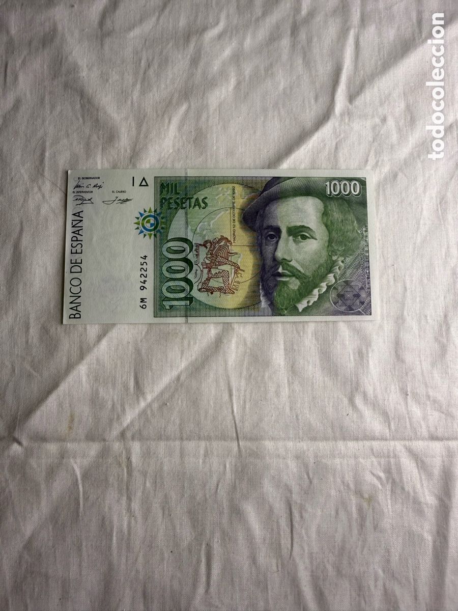 Billetes espa&ntilde;oles: Billete de 1.000 Pesetas Espa&ntilde;a 1992 &ndash; Hern&aacute;n Cort&eacute;s y Francisco Pizarro &ndash; Serie 6M. Plancha.