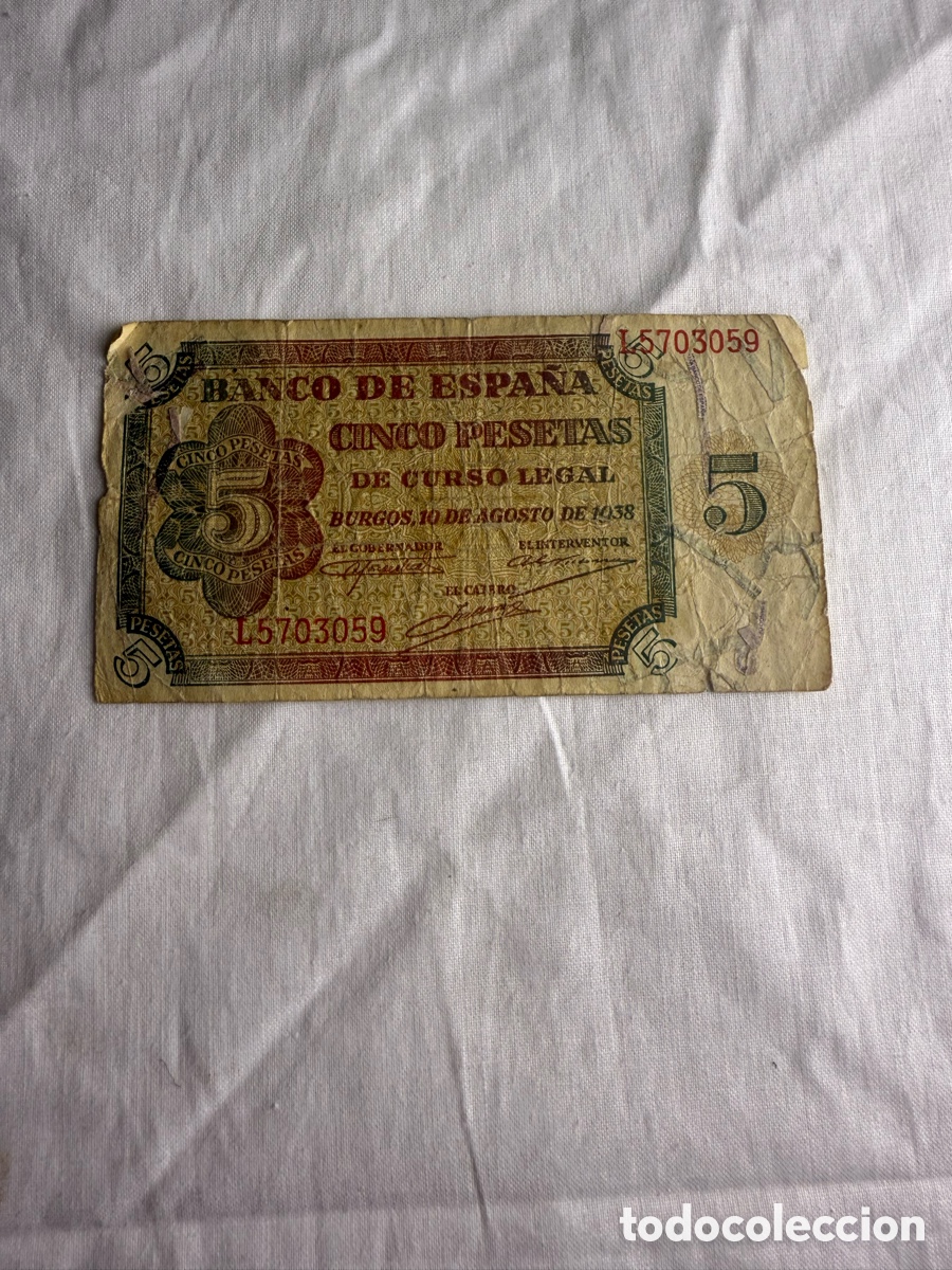 Billetes espa&ntilde;oles: Billete 5 Pesetas Espa&ntilde;a 1938 &ndash; Burgos &ndash; Guerra Civil &ndash; Banco de Espa&ntilde;a