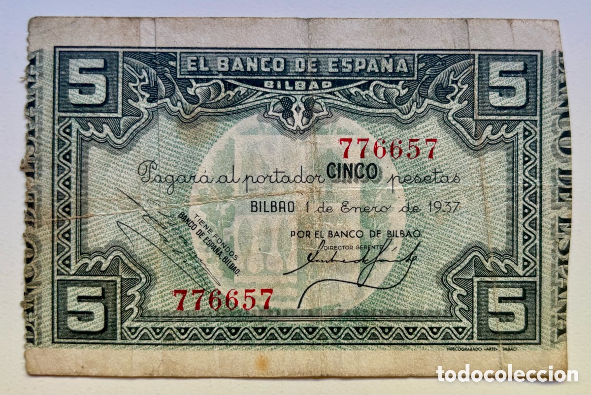 Billetes espa&ntilde;oles: Billete BILBAO 5 Pesetas 1937. Por el Banco Bilbao