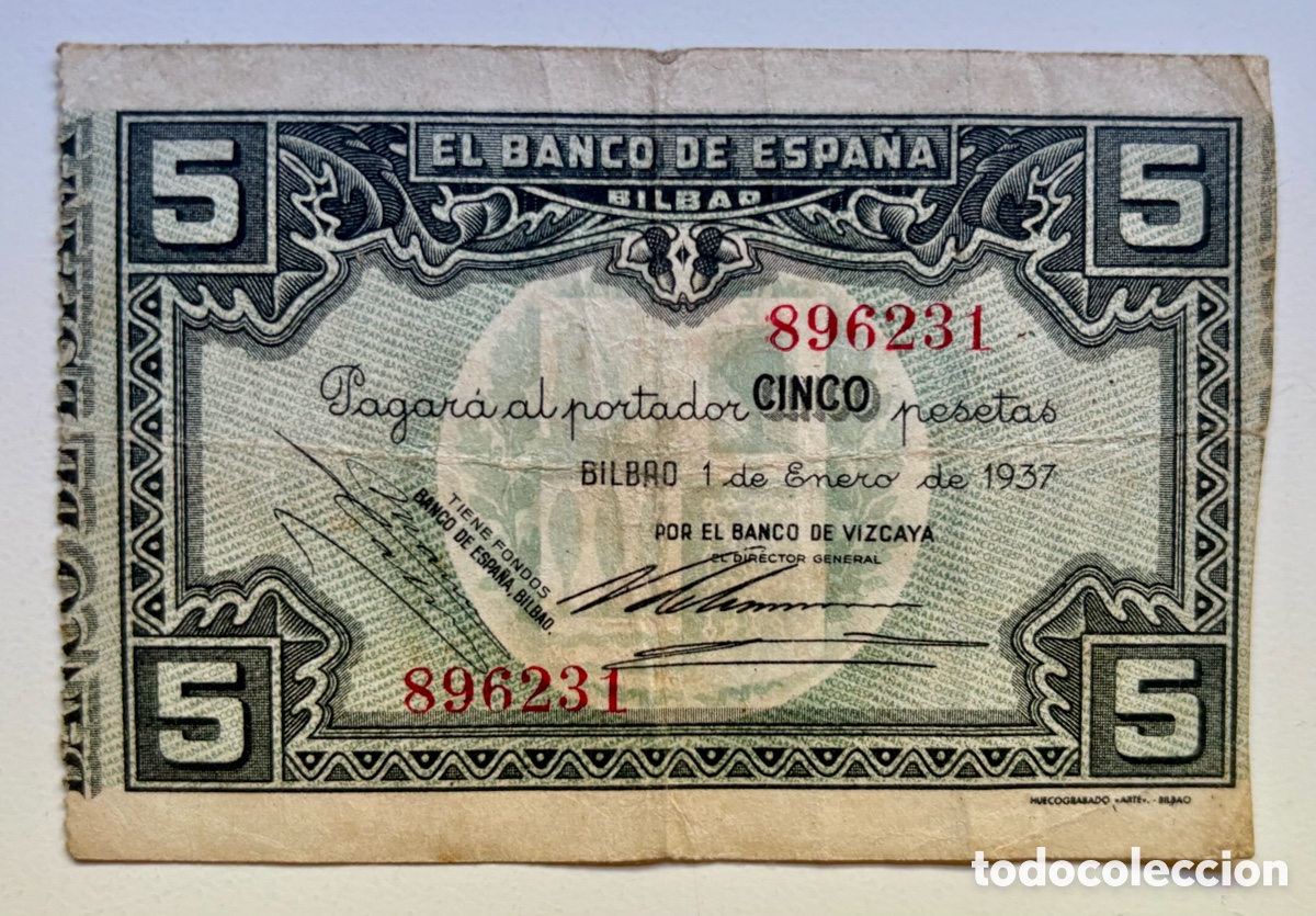 Billetes espa&ntilde;oles: Billete BILBAO 5 Pesetas 1937. Por el Banco De Vizcaya