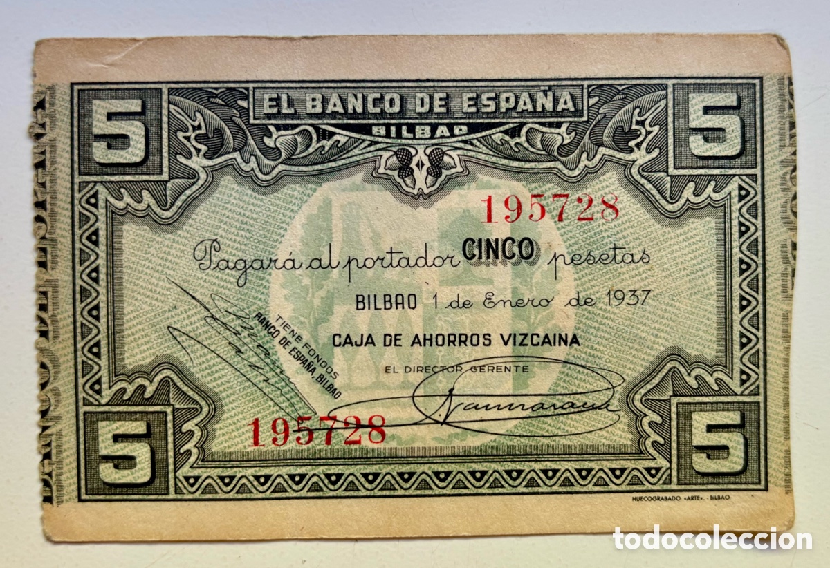Billetes espa&ntilde;oles: Billete BILBAO 5 Pesetas 1937. Caja de Ahorros Vizca&iacute;na